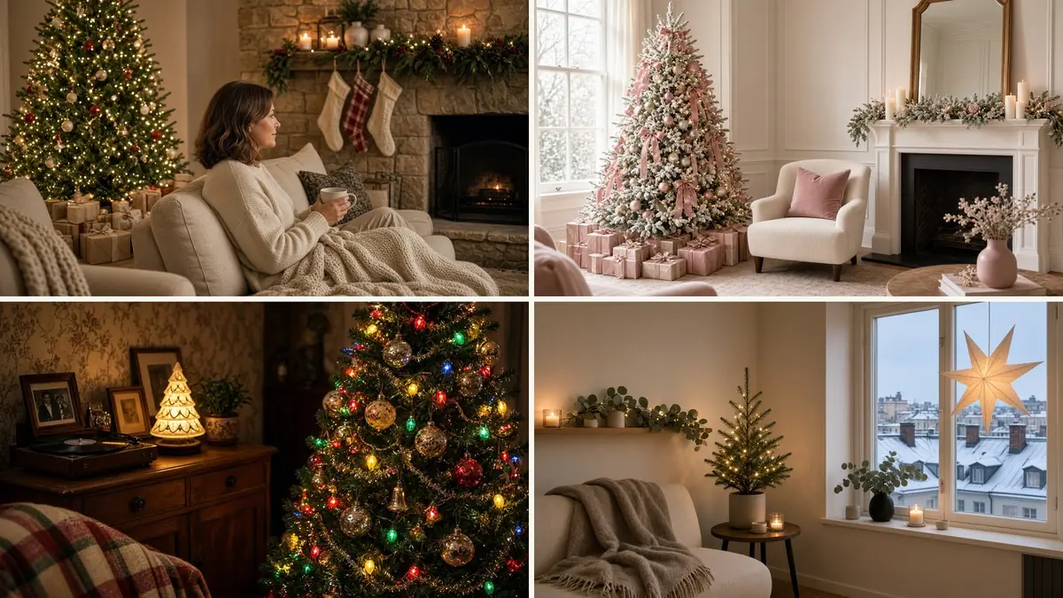Four Christmas looks: a classic cosy living room, a pink and gold tree, a vintage corner and a small-flat Scandinavian setup