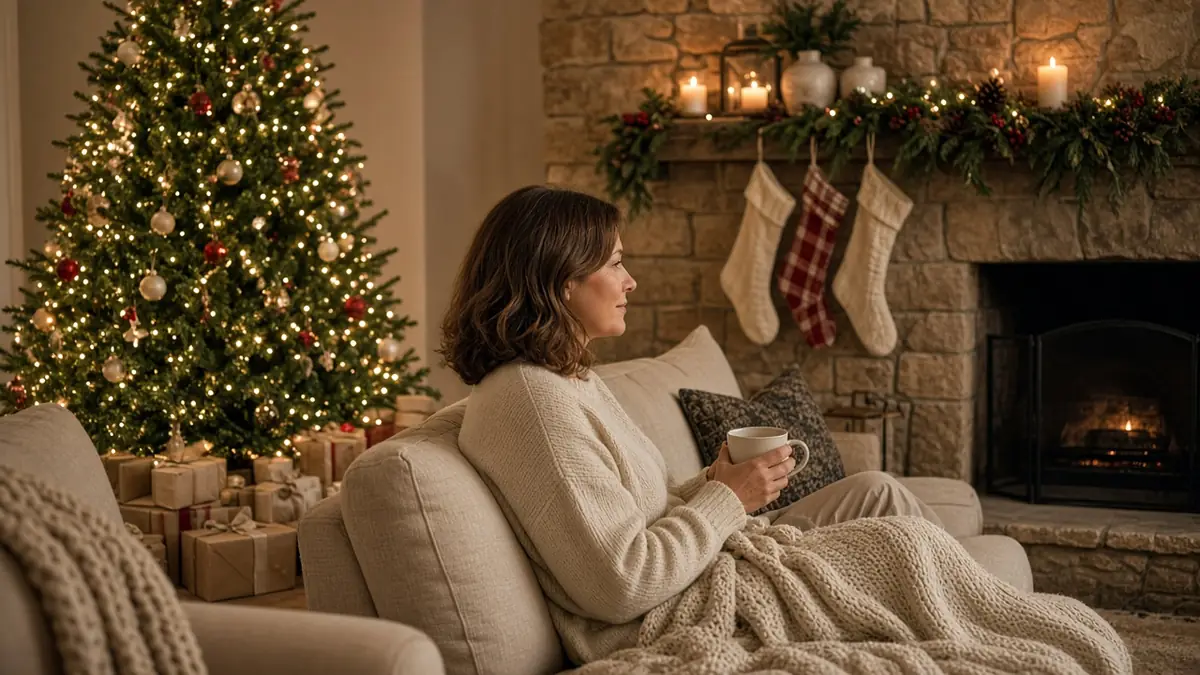 A woman in a cream sweater relaxing on the sofa with a mug beside a lit Christmas tree and a stone fireplace with stockings