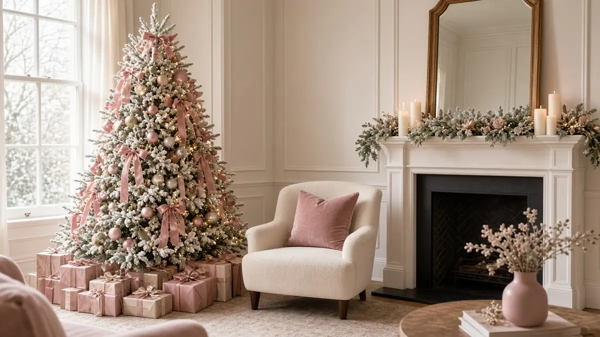 A bright living room with a white flocked Christmas tree in blush pink and gold, pink gift boxes and a garland on the mantel