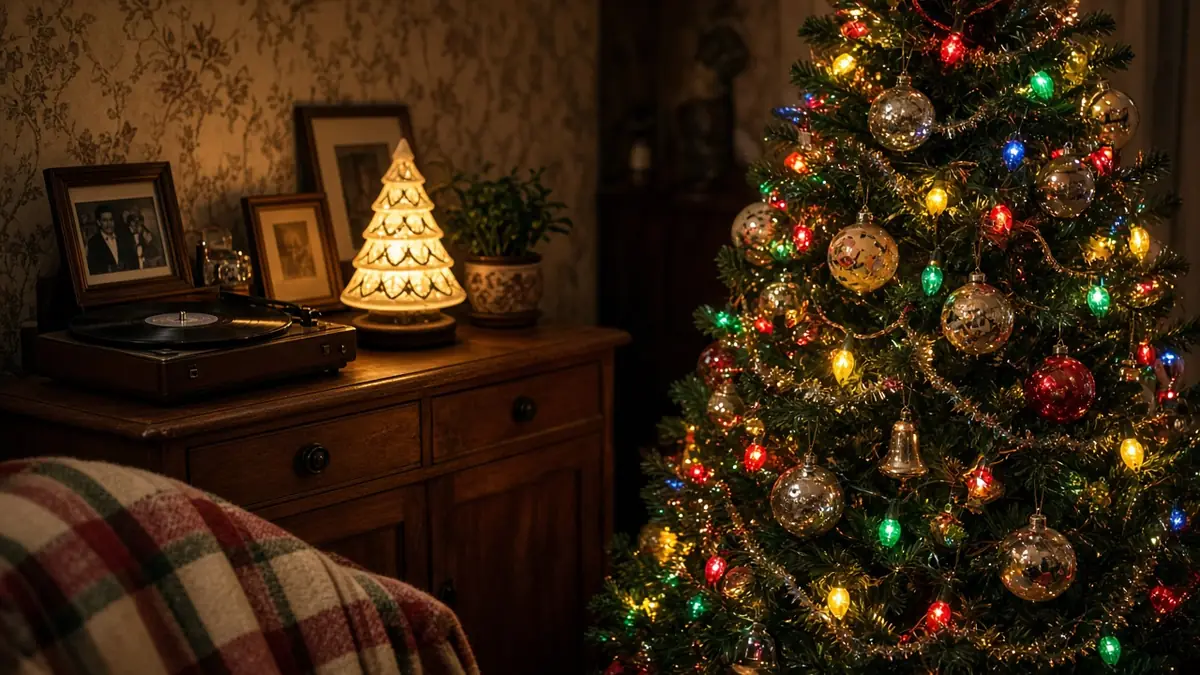 A vintage Christmas corner with colourful retro tree lights, glass baubles, a ceramic light-up tree and a record player
