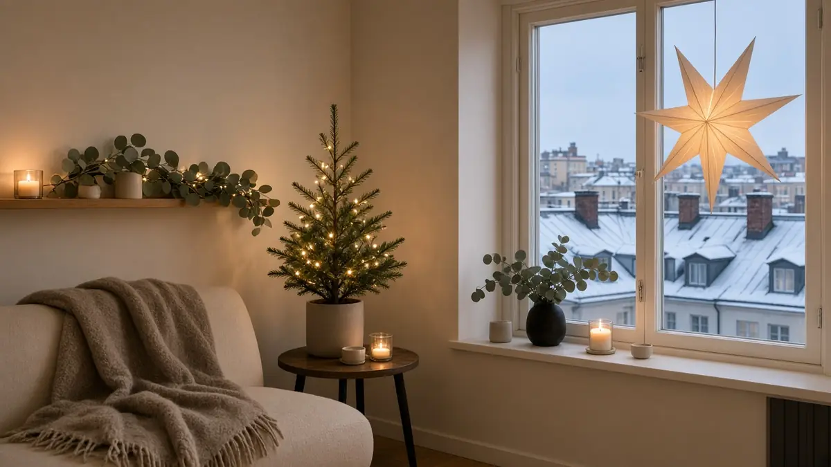 A small city flat decorated for Christmas with a tabletop tree, a paper star in the window, eucalyptus and candles