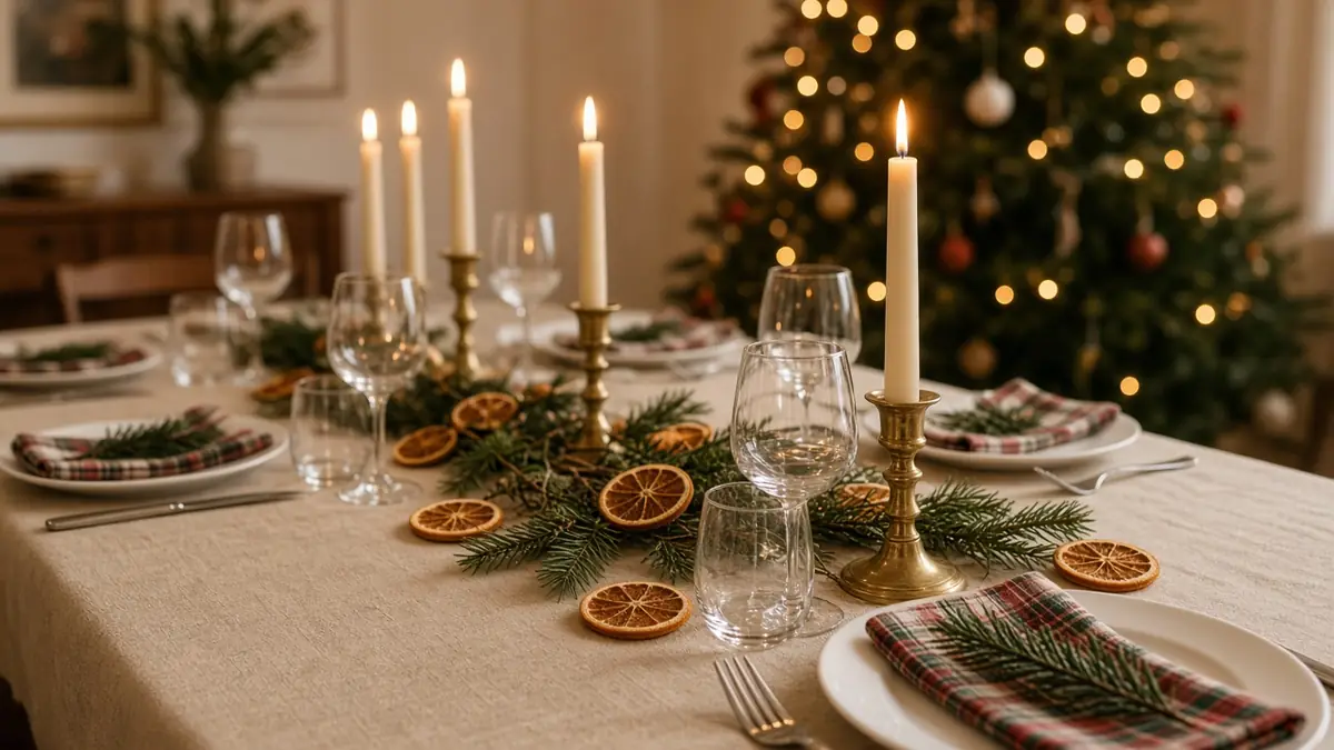 A Christmas dinner table with pine sprigs, dried orange slices, tall candles in brass holders and plaid napkins